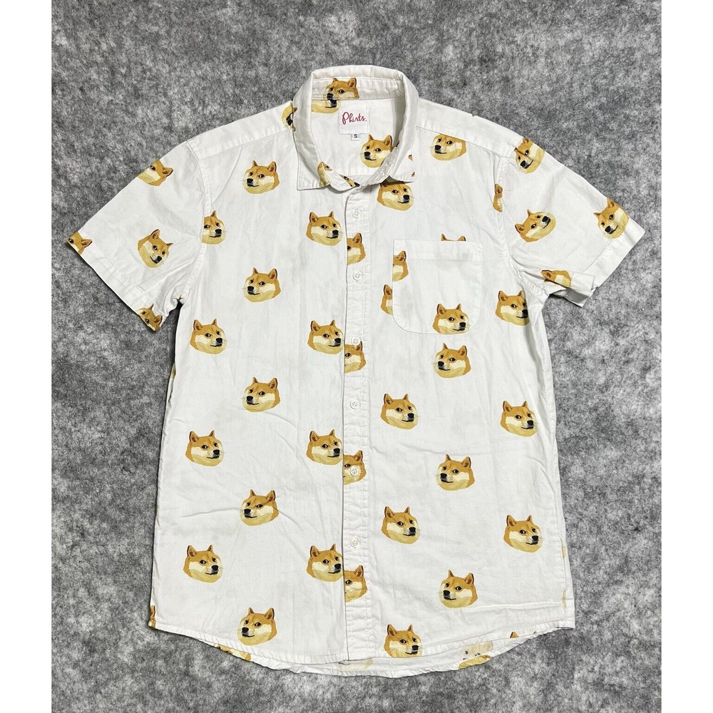 Phirts Shirt Men’s S White Button Up Allover Corgi Dog Print 100% Cotton